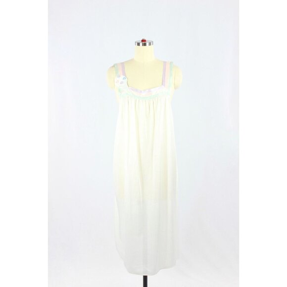 Vintage Unbranded White Satin Pastel Striped Negligee Nightgown Gown, One Size - Picture 1 of 10